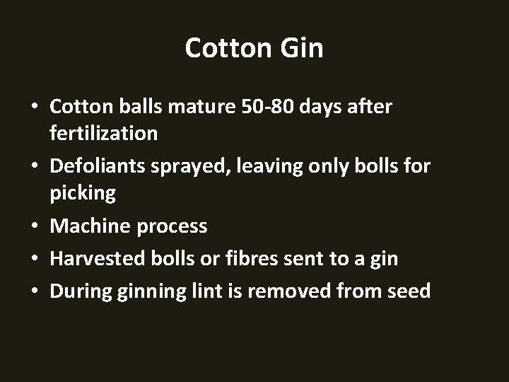 Cotton Gin • Cotton balls mature 50 -80 days after fertilization • Defoliants sprayed,