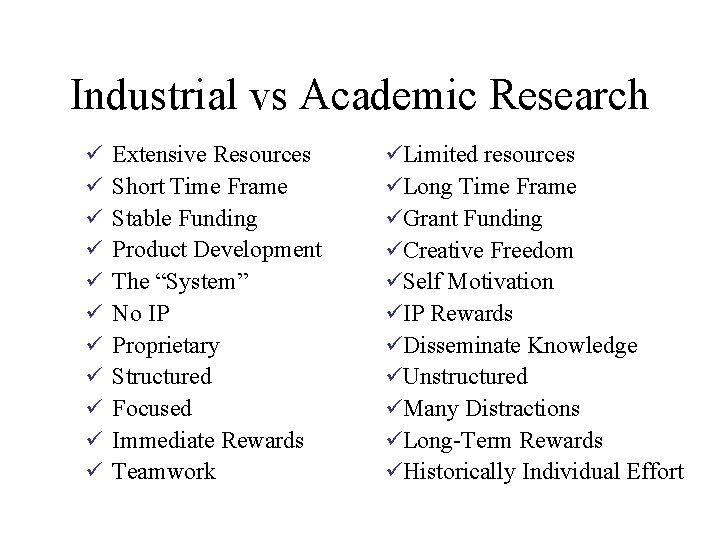 Industrial vs Academic Research ü ü ü Extensive Resources Short Time Frame Stable Funding