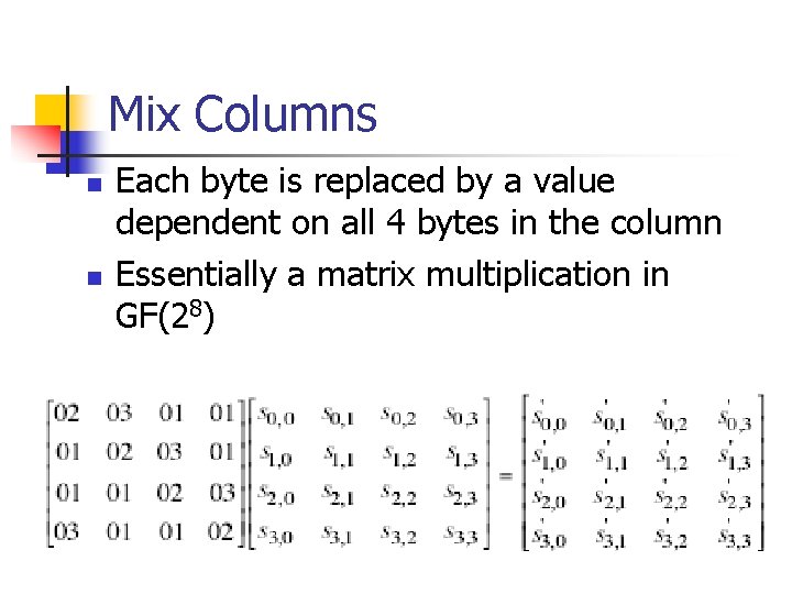 Mix Columns n n Each byte is replaced by a value dependent on all