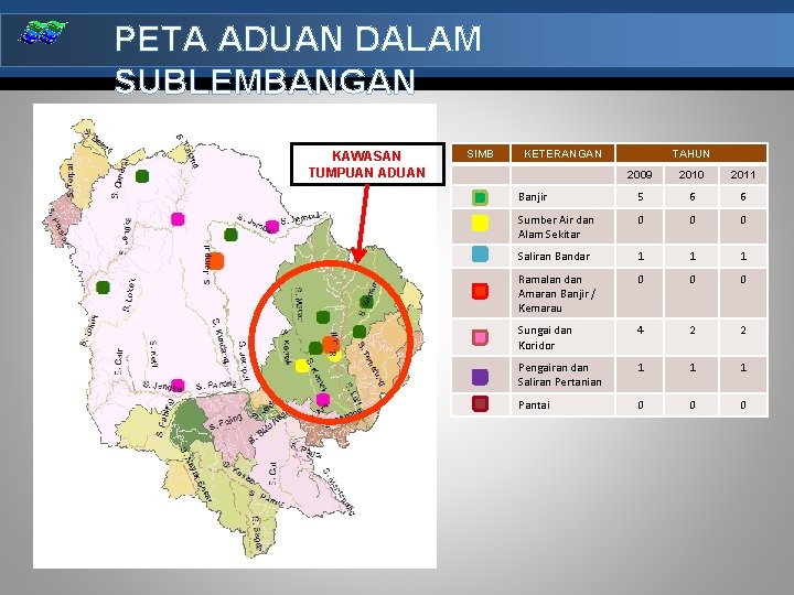 PETA ADUAN DALAM SUBLEMBANGAN KAWASAN TUMPUAN ADUAN SIMB KETERANGAN TAHUN 2009 2010 2011 Banjir