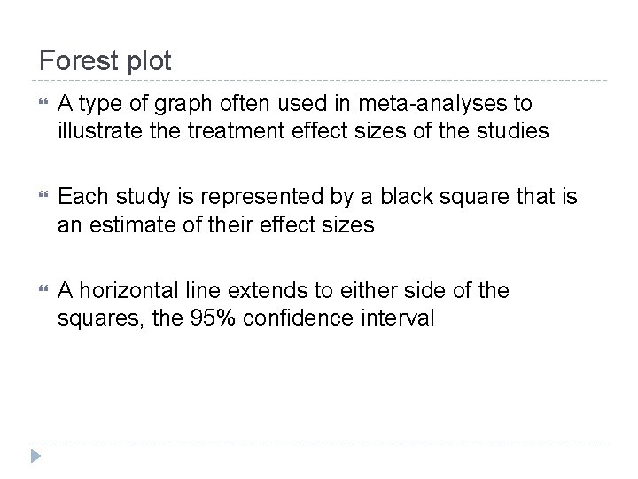 Forest plot A type of graph often used in meta analyses to illustrate the