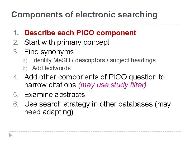 Components of electronic searching 1. Describe each PICO component 2. Start with primary concept