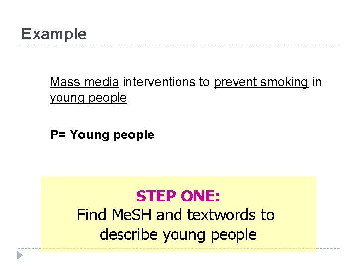 Example Mass media interventions to prevent smoking in young people P= Young people STEP