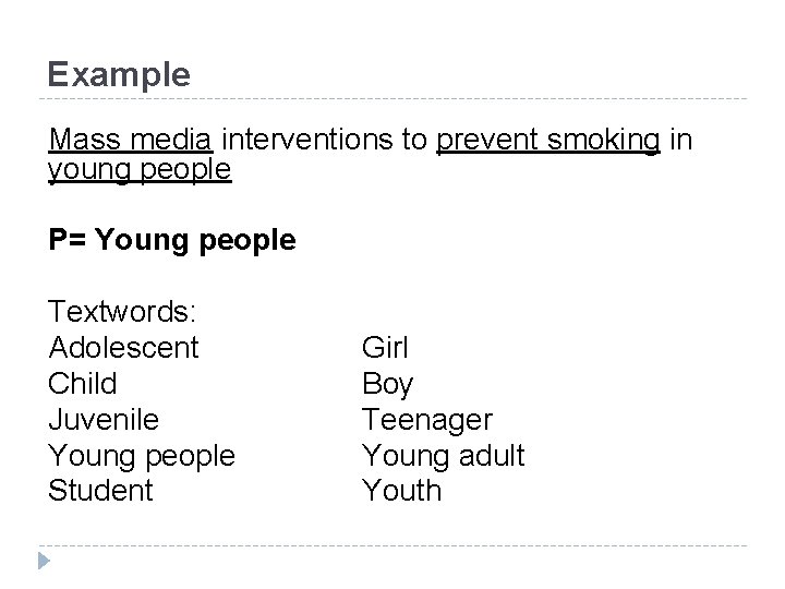 Example Mass media interventions to prevent smoking in young people P= Young people Textwords: