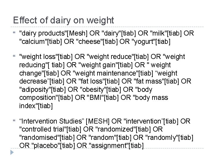 Effect of dairy on weight "dairy products"[Mesh] OR "dairy"[tiab] OR "milk"[tiab] OR "calcium"[tiab] OR