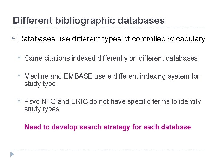 Different bibliographic databases Databases use different types of controlled vocabulary Same citations indexed differently