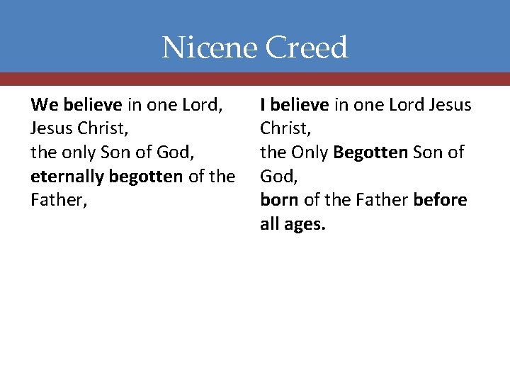 Nicene Creed We believe in one Lord, Jesus Christ, the only Son of God,