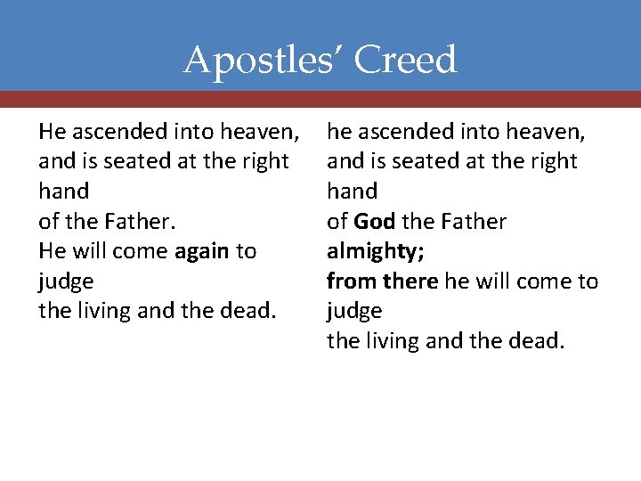 Apostles’ Creed He ascended into heaven, and is seated at the right hand of