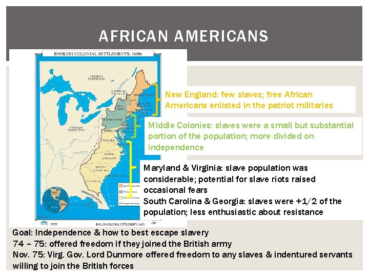 AFRICAN AMERICANS New England: few slaves; free African Americans enlisted in the patriot militaries