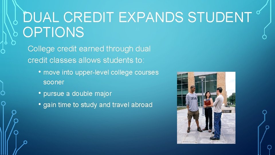 DUAL CREDIT EXPANDS STUDENT OPTIONS College credit earned through dual credit classes allows students