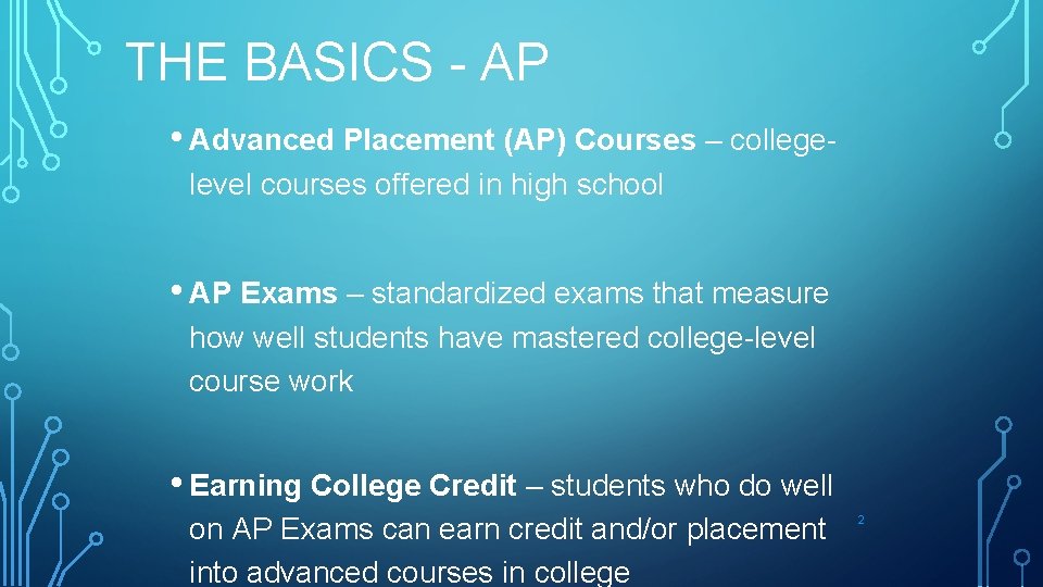 THE BASICS - AP • Advanced Placement (AP) Courses – collegelevel courses offered in