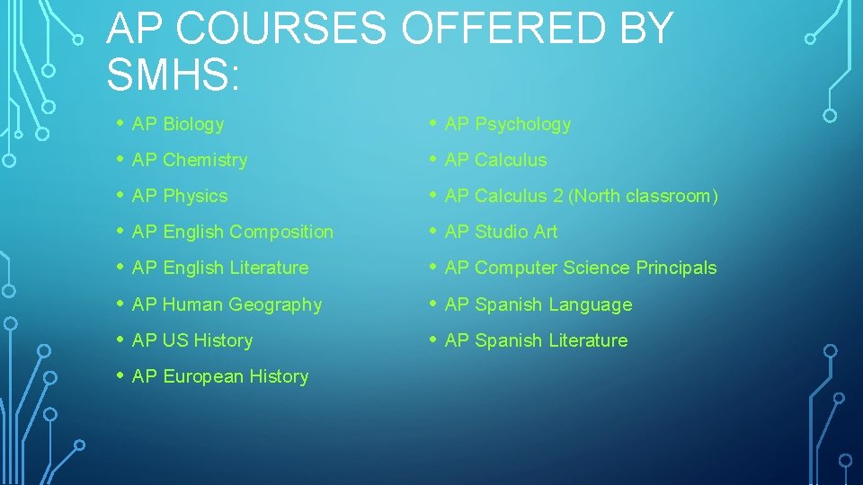 AP COURSES OFFERED BY SMHS: • AP Biology • AP Psychology • AP Chemistry