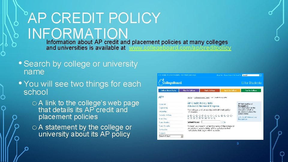 AP CREDIT POLICY INFORMATION Information about AP credit and placement policies at many colleges