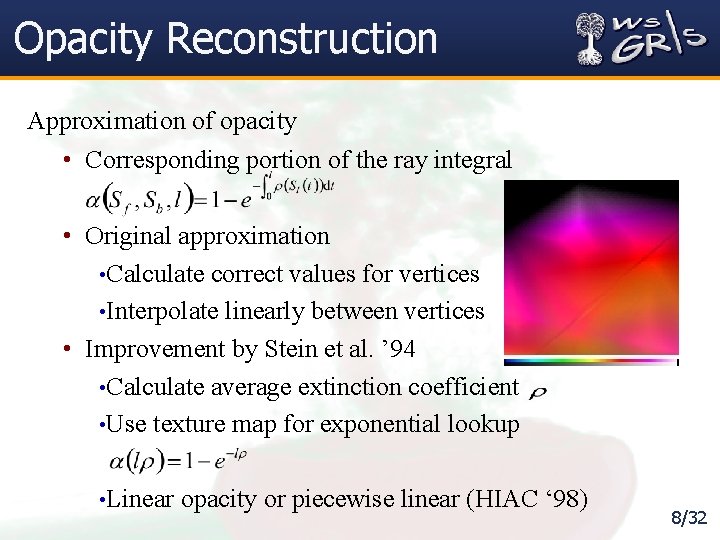 Opacity Reconstruction Approximation of opacity • Corresponding portion of the ray integral • Original