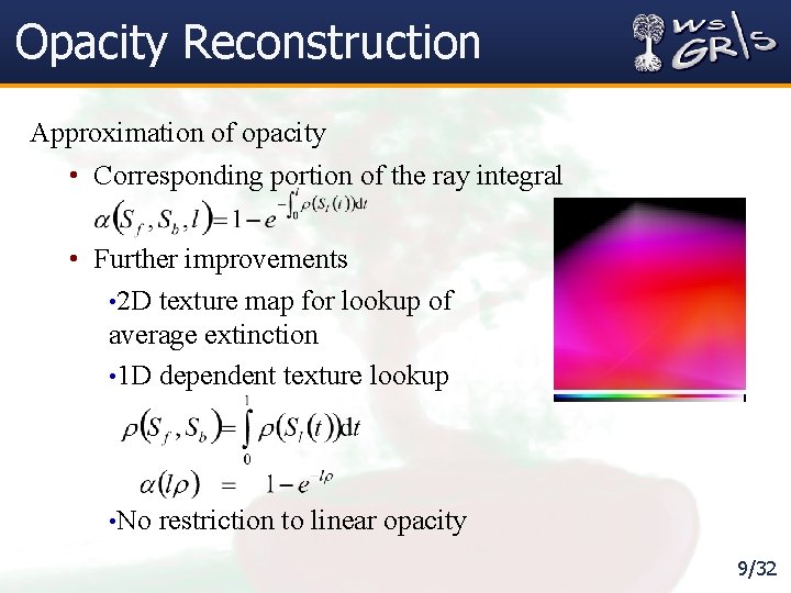 Opacity Reconstruction Approximation of opacity • Corresponding portion of the ray integral • Further
