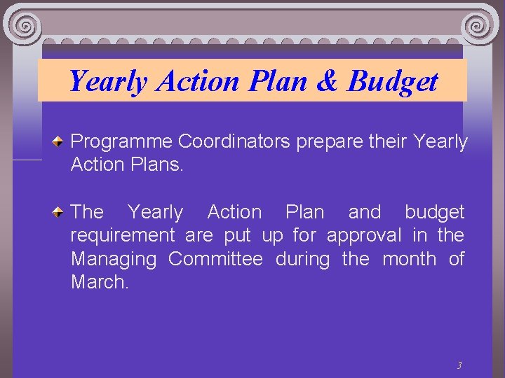 Yearly Action Plan & Budget Programme Coordinators prepare their Yearly Action Plans. The Yearly