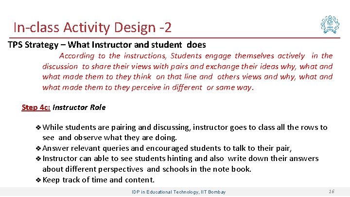In-class Activity Design -2 TPS Strategy – What Instructor and student does According to