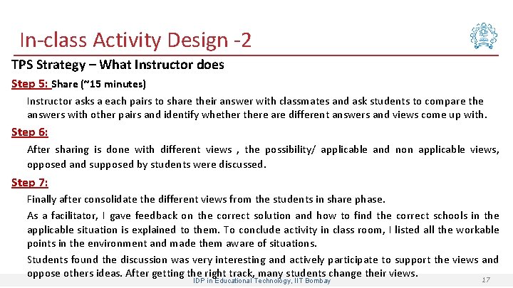 In-class Activity Design -2 TPS Strategy – What Instructor does Step 5: Share (~15
