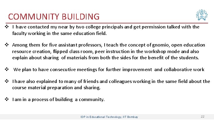COMMUNITY BUILDING v I have contacted my near by two college principals and get