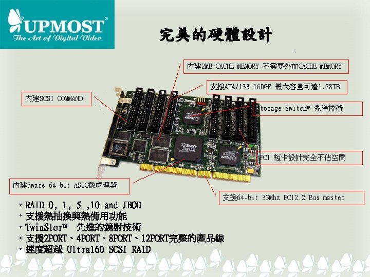 完美的硬體設計 內建 2 MB CACHE MEMORY 不需要外加CACHE MEMORY 支援ATA/133 160 GB 最大容量可達 1. 28