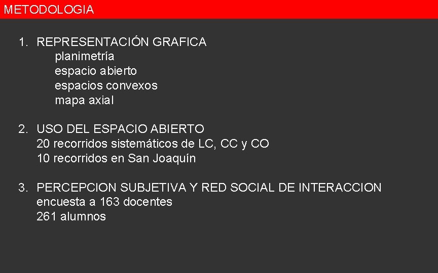 METODOLOGIA 1. REPRESENTACIÓN GRAFICA planimetría espacio abierto espacios convexos mapa axial 2. USO DEL METODOLOGIA 1. REPRESENTACIÓN GRAFICA planimetría espacio abierto espacios convexos mapa axial 2. USO DEL