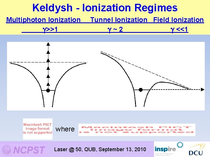 Keldysh - Ionization Regimes Multiphoton Ionization >>1 Tunnel Ionization Field Ionization ~2 <<1 where Keldysh - Ionization Regimes Multiphoton Ionization >>1 Tunnel Ionization Field Ionization ~2 <<1 where