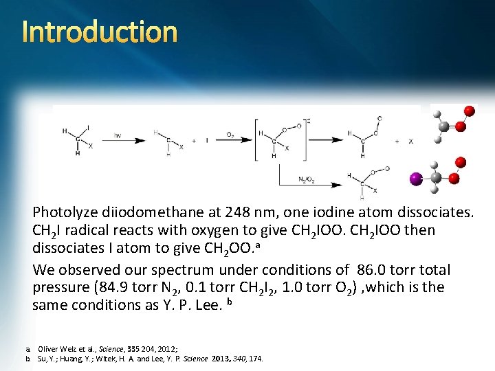 Introduction Photolyze diiodomethane at 248 nm, one iodine atom dissociates. CH 2 I radical