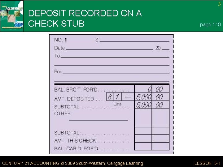 3 DEPOSIT RECORDED ON A CHECK STUB page 119 CENTURY 21 ACCOUNTING © 2009