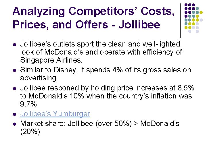 Analyzing Competitors’ Costs, Prices, and Offers - Jollibee l l l Jollibee’s outlets sport