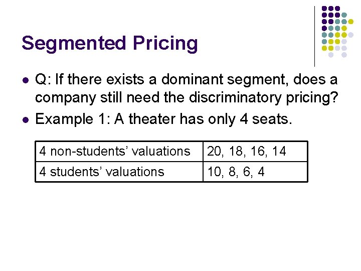 Segmented Pricing l l Q: If there exists a dominant segment, does a company