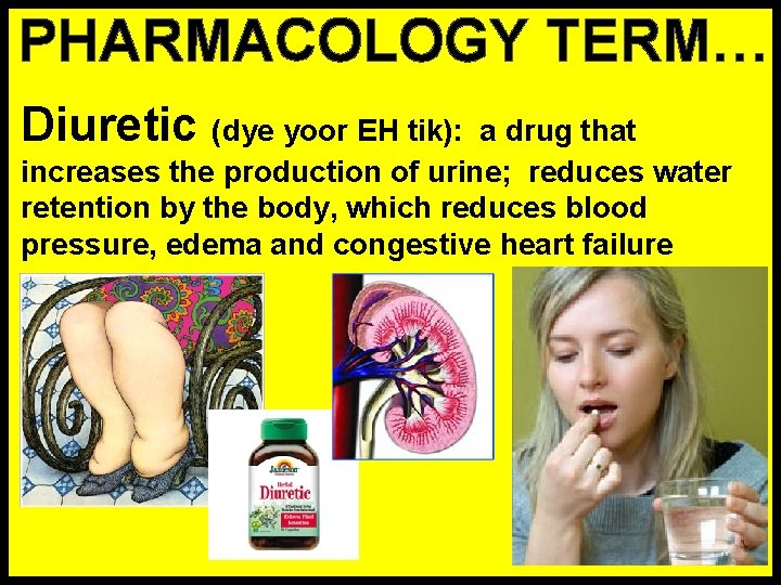 PHARMACOLOGY TERM… Diuretic (dye yoor EH tik): a drug that increases the production of