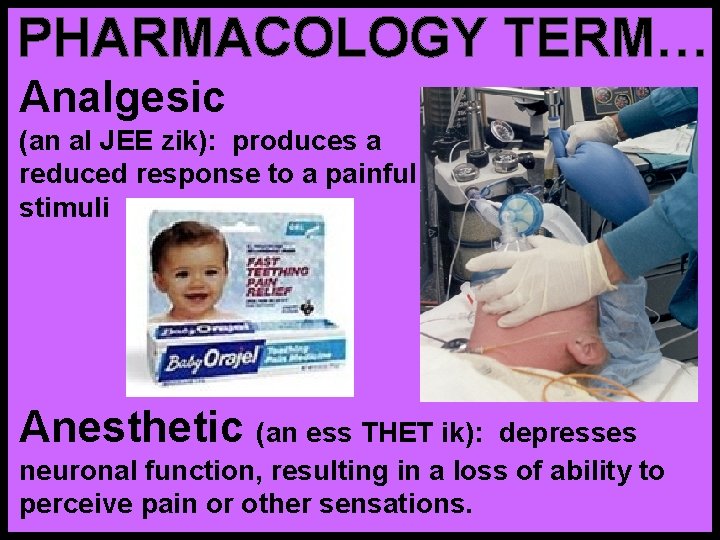 PHARMACOLOGY TERM… Analgesic (an al JEE zik): produces a reduced response to a painful