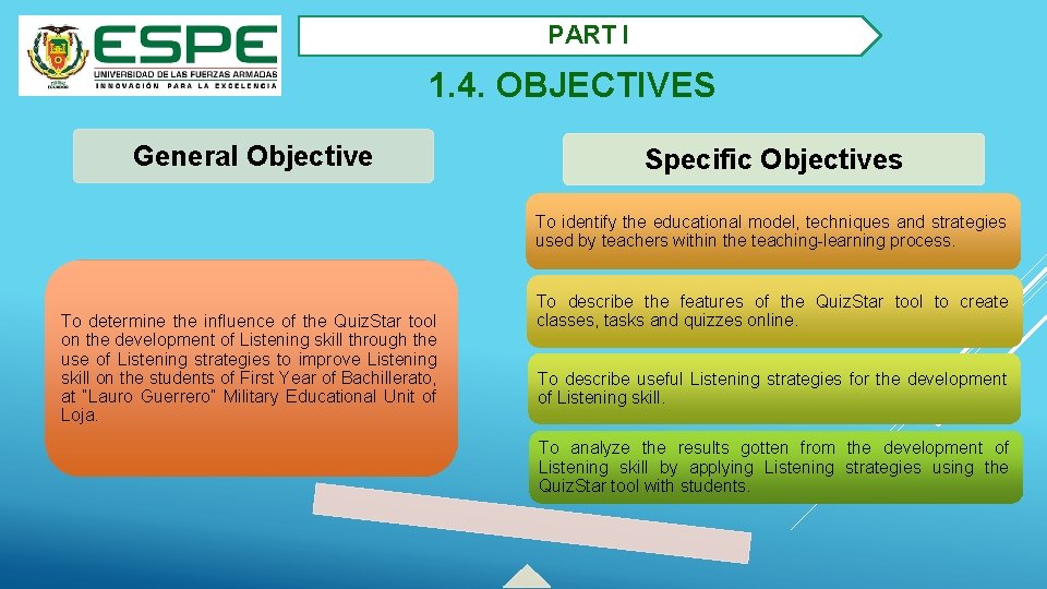 2. PART I 1. 4. OBJECTIVES General Objective Specific Objectives To identify the educational