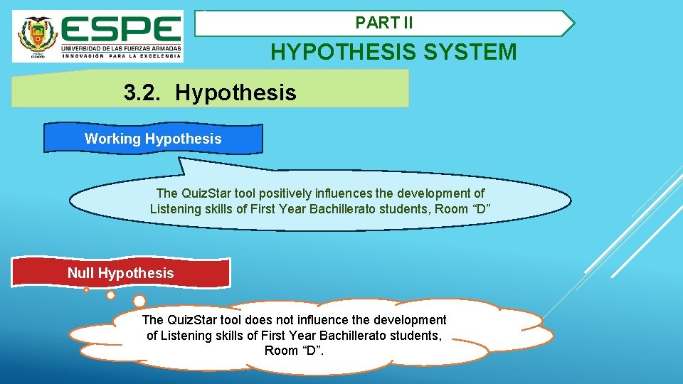 2. PART II HYPOTHESIS SYSTEM 3. 2. Hypothesis Working Hypothesis The Quiz. Star tool