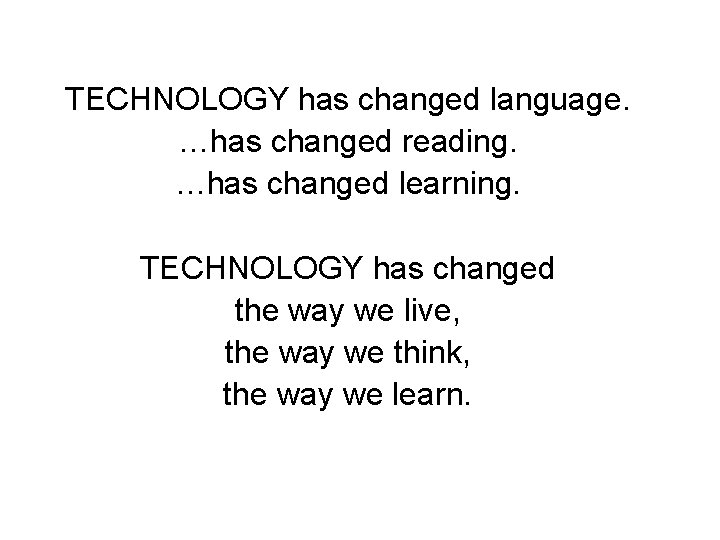 TECHNOLOGY has changed language. …has changed reading. …has changed learning. TECHNOLOGY has changed the