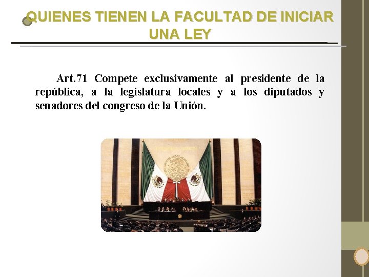 QUIENES TIENEN LA FACULTAD DE INICIAR UNA LEY Art. 71 Compete exclusivamente al presidente