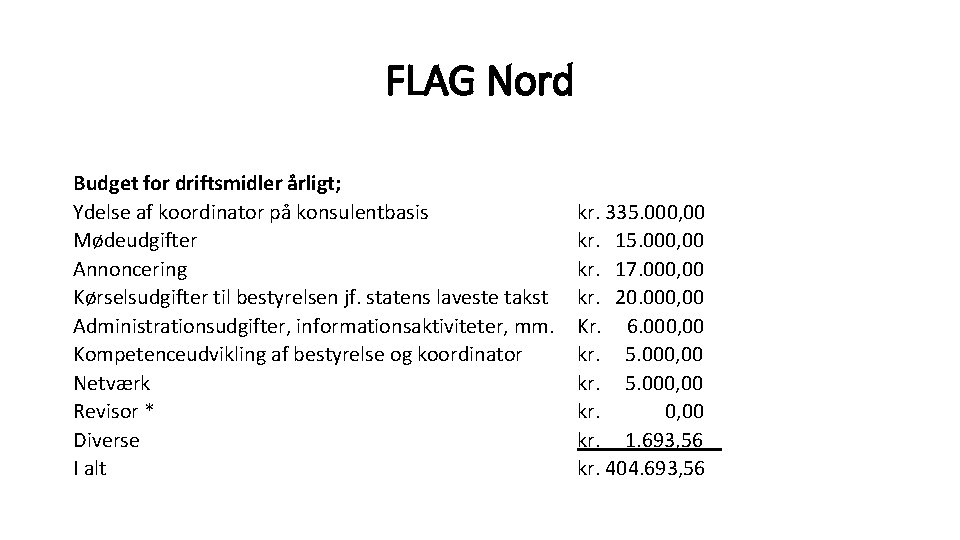 FLAG Nord Budget for driftsmidler årligt; Ydelse af koordinator på konsulentbasis Mødeudgifter Annoncering Kørselsudgifter