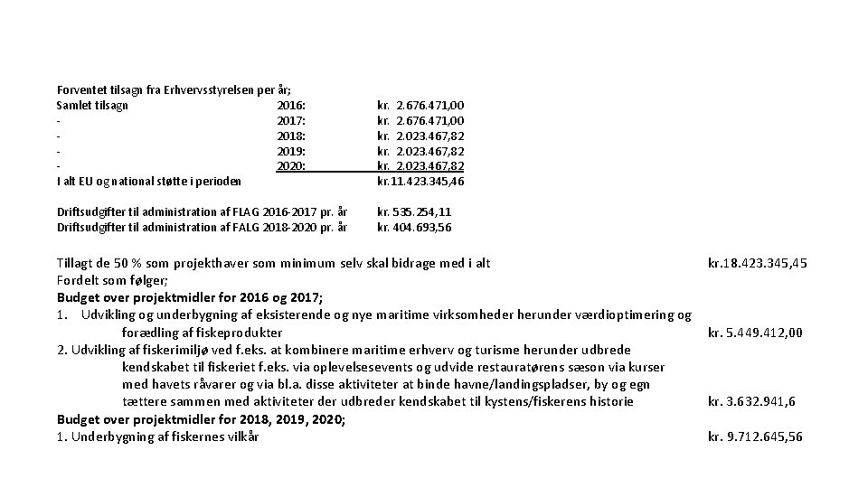 Forventet tilsagn fra Erhvervsstyrelsen per år; Samlet tilsagn 2016: 2017: 2018: 2019: 2020: I