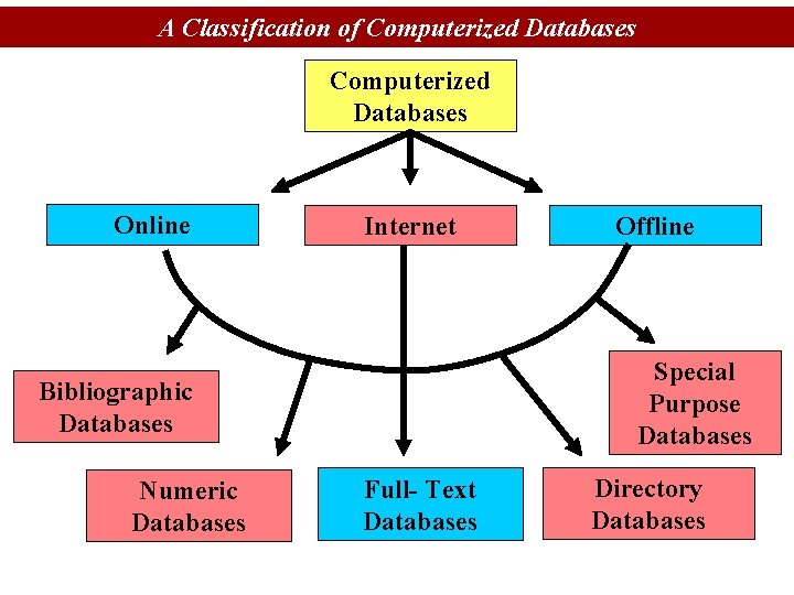 A Classification of Computerized Databases Online Internet Special Purpose Databases Bibliographic Databases Numeric Databases