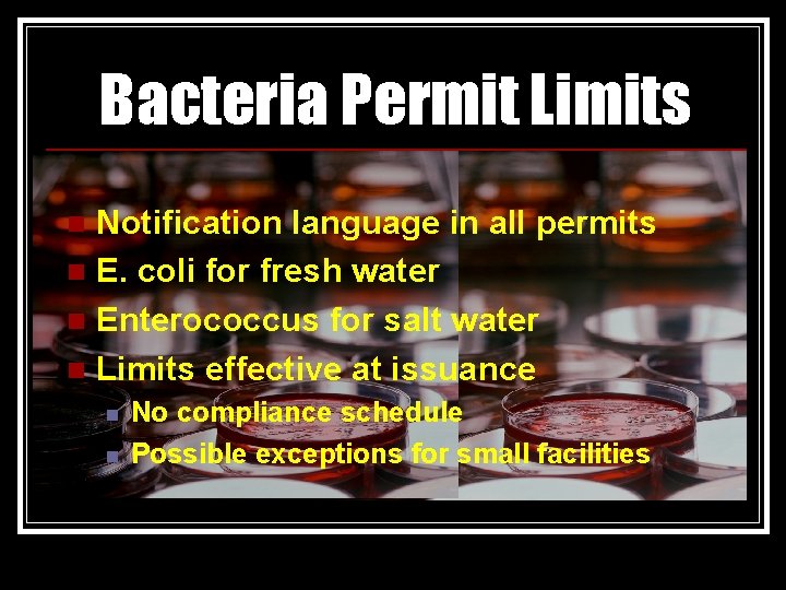 Bacteria Permit Limits Notification language in all permits n E. coli for fresh water