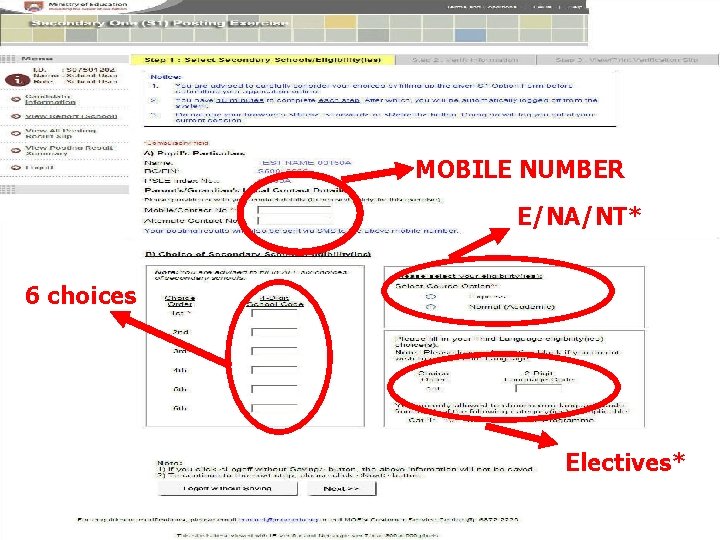 MOBILE NUMBER E/NA/NT* 6 choices Electives* 