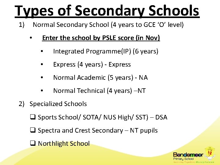 Types of Secondary Schools 1) Normal Secondary School (4 years to GCE ‘O’ level)