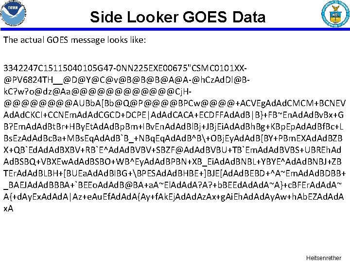 Side Looker GOES Data The actual GOES message looks like: 3342247 C 15115040105 G Side Looker GOES Data The actual GOES message looks like: 3342247 C 15115040105 G