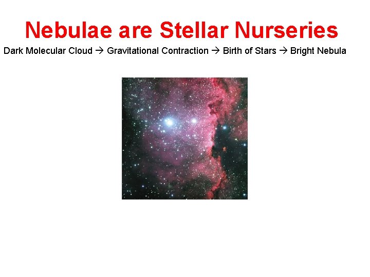 Nebulae are Stellar Nurseries Dark Molecular Cloud Gravitational Contraction Birth of Stars Bright Nebula
