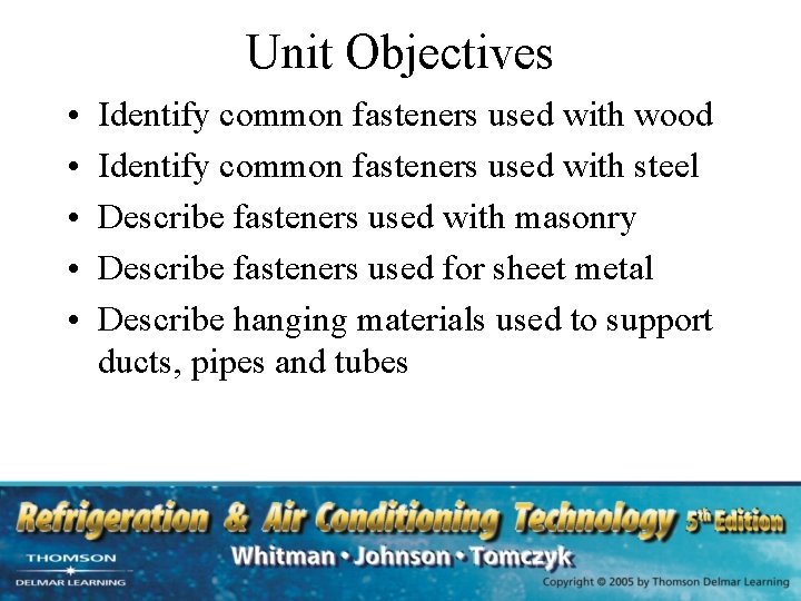 Unit Objectives • • • Identify common fasteners used with wood Identify common fasteners