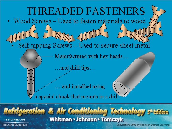 THREADED FASTENERS • Wood Screws – Used to fasten materials to wood • Self-tapping