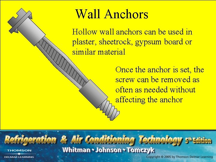 Wall Anchors Hollow wall anchors can be used in plaster, sheetrock, gypsum board or