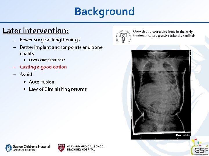 Background Later intervention: – Fewer surgical lengthenings – Better implant anchor points and bone