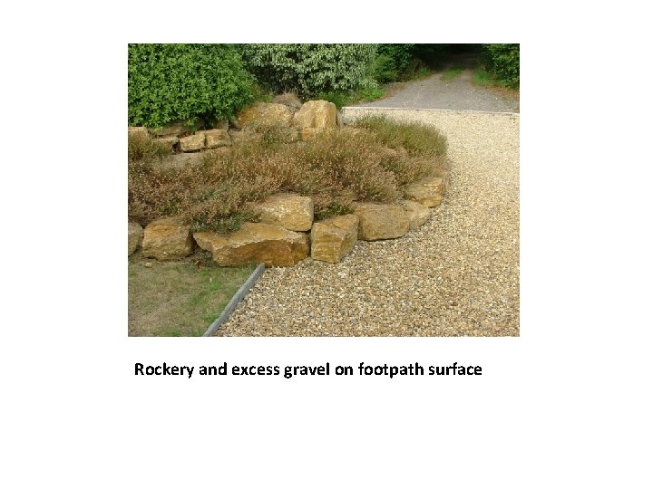 Rockery and excess gravel on footpath surface 