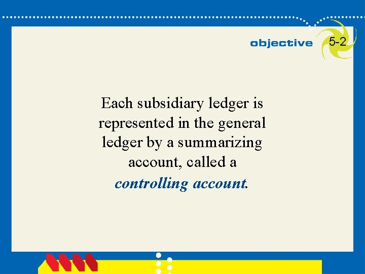 5 -2 Each subsidiary ledger is represented in the general ledger by a summarizing